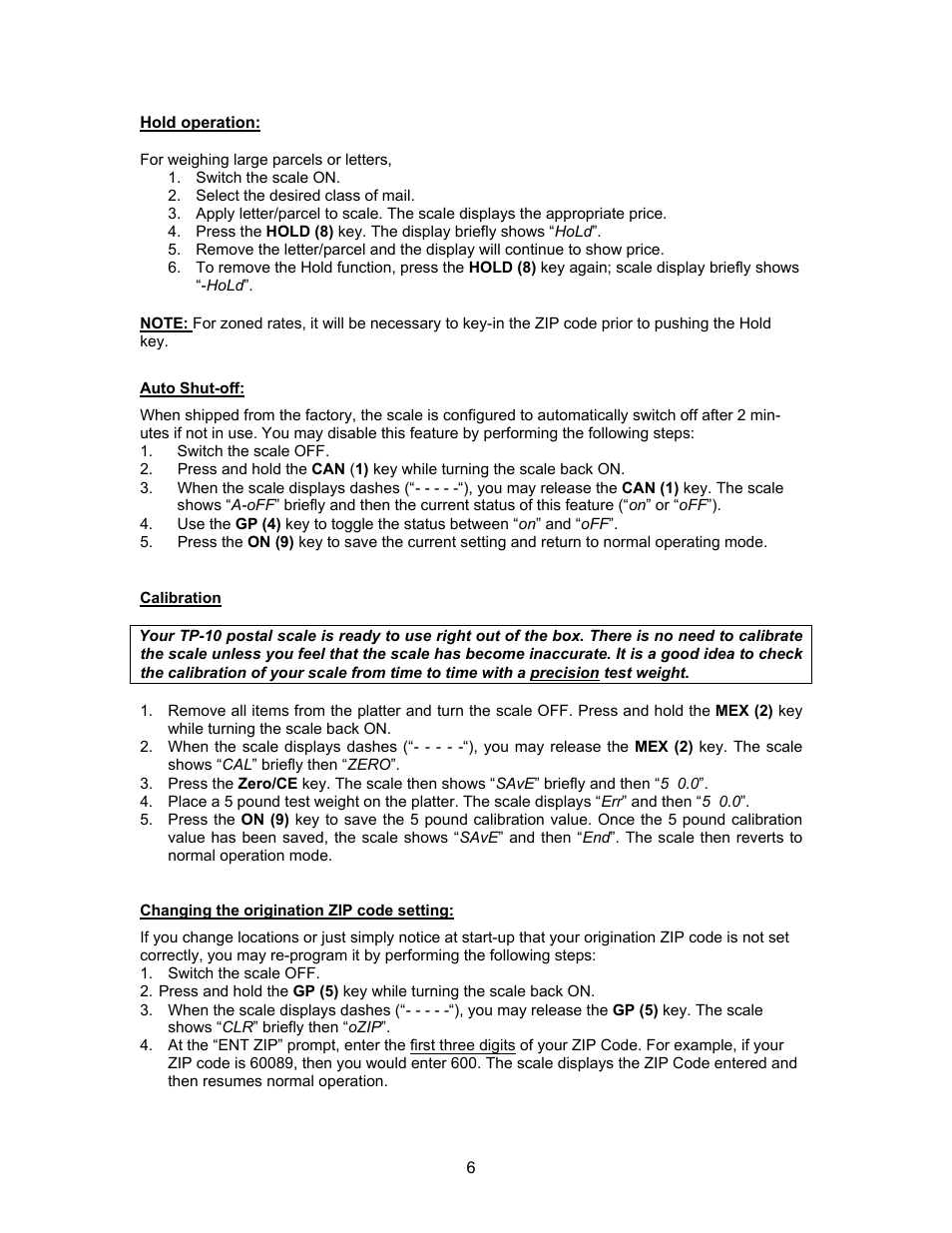 Auto shut-off, Changing the origination zip code setting | Triner Scale TP-10 User Manual | Page 8 / 12