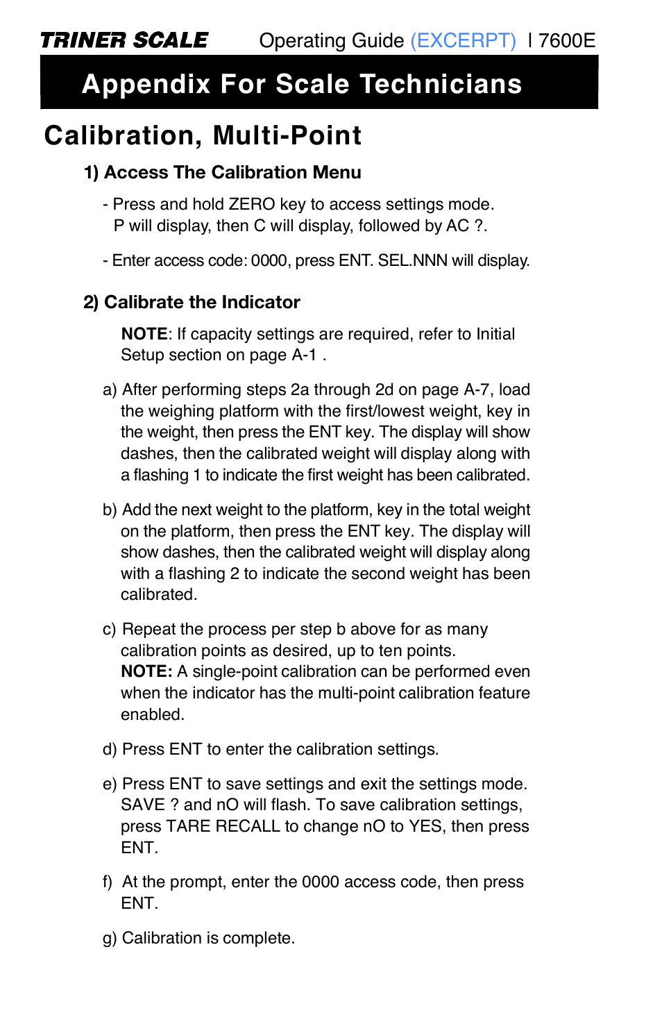 Calibration, single point, Calibration, multi-point, Appendix for scale technicians | Triner Scale 7600E User Manual | Page 2 / 2