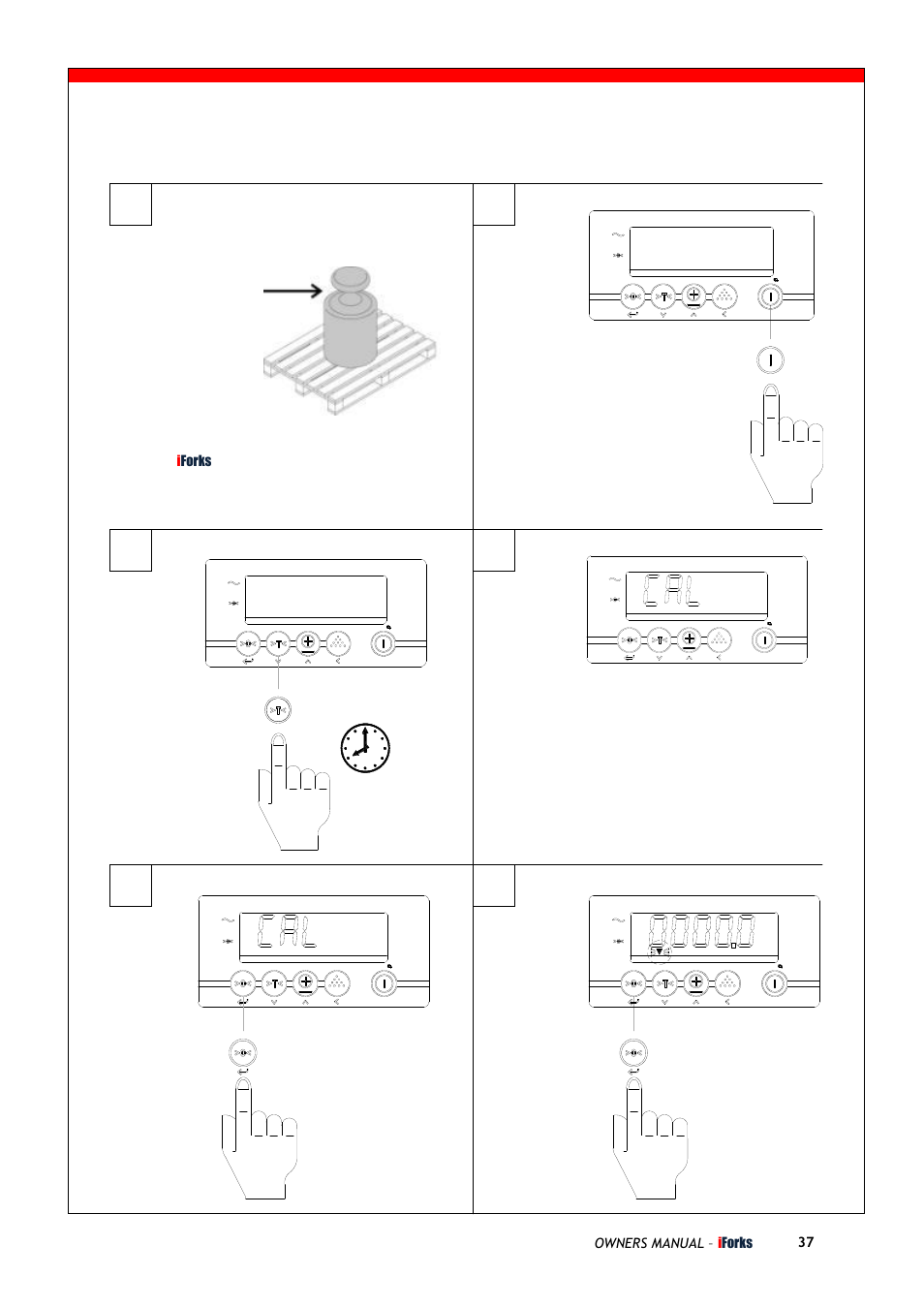 10 sec, 3 weight calibration, Owners manual – i forks 37 | Iforks, M = total calibration weight loaded onto the, Incl. pallet if used) | Triner Scale iForks Pt2 User Manual | Page 17 / 22