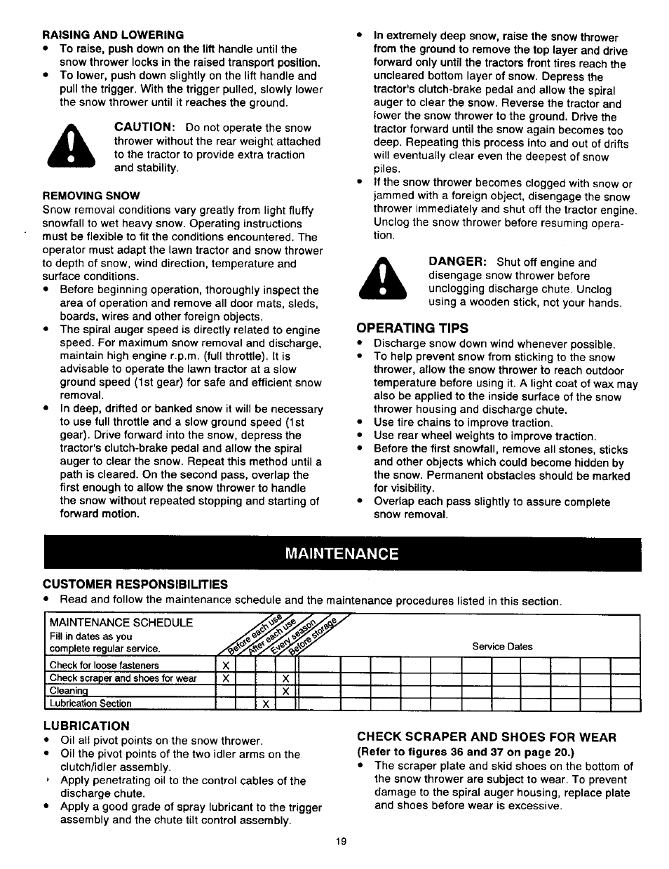 Raising and lowering, Removing snow, Operating tips | Maintenance | Craftsman 486.24839 User Manual | Page 19 / 28