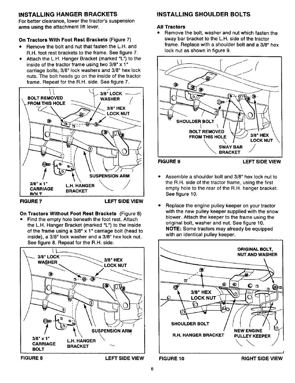 Installing hanger brackets, On tractors with foot rest brackets (figure 7), Installing shoulder bolts | All tractors | Craftsman 486.24839 User Manual | Page 8 / 28