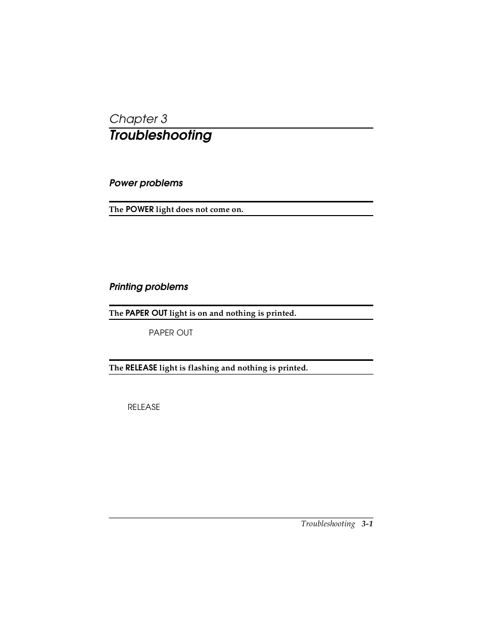 Chapter 3 troubleshooting, Power problems, Printing problems | Power problems -1 printing problems -1, Troubleshooting, Chapter 3 | Triner Scale TMU-295 User Manual | Page 32 / 74