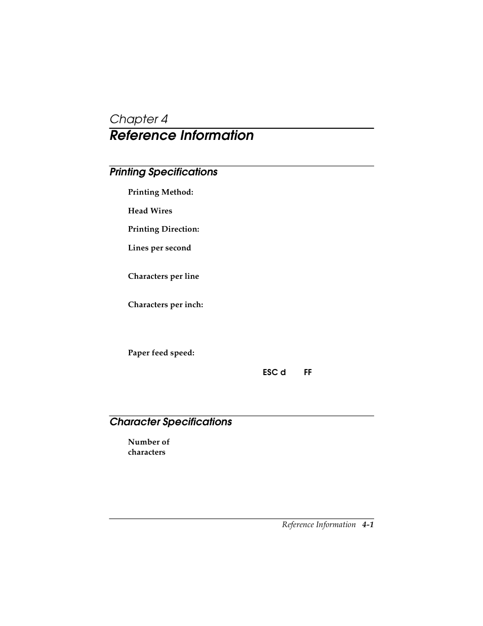 Chapter 4 reference information, Printing specifications, Character specifications | Reference information, Chapter 4 | Triner Scale TMU-295 User Manual | Page 33 / 74