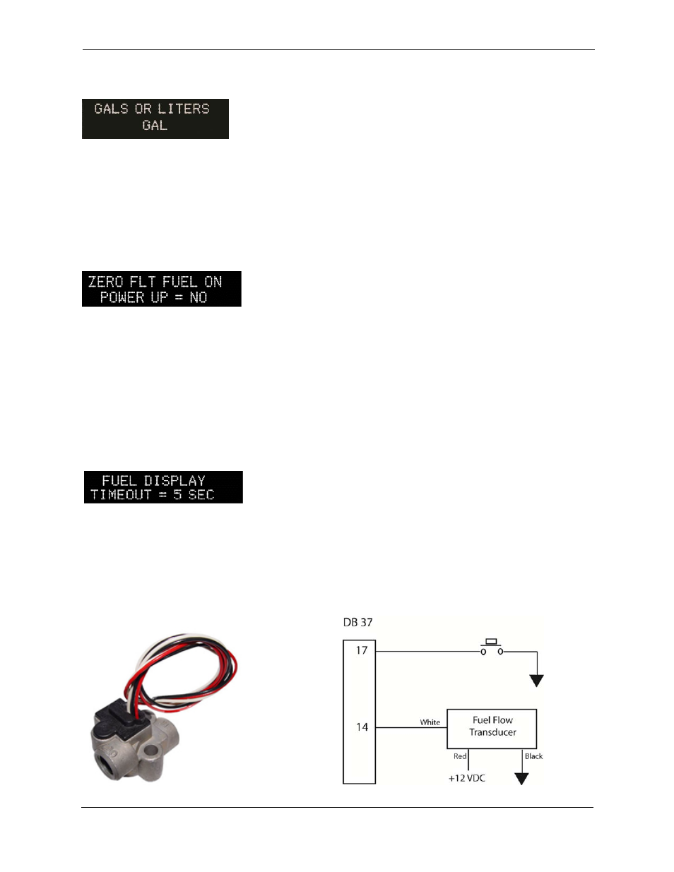Changing units (gal or liters), Zero flt fuel on power up, Fuel display timeout | Fuel sensor connections | Trio Avionics Pro Pilot User Manual | Page 64 / 83
