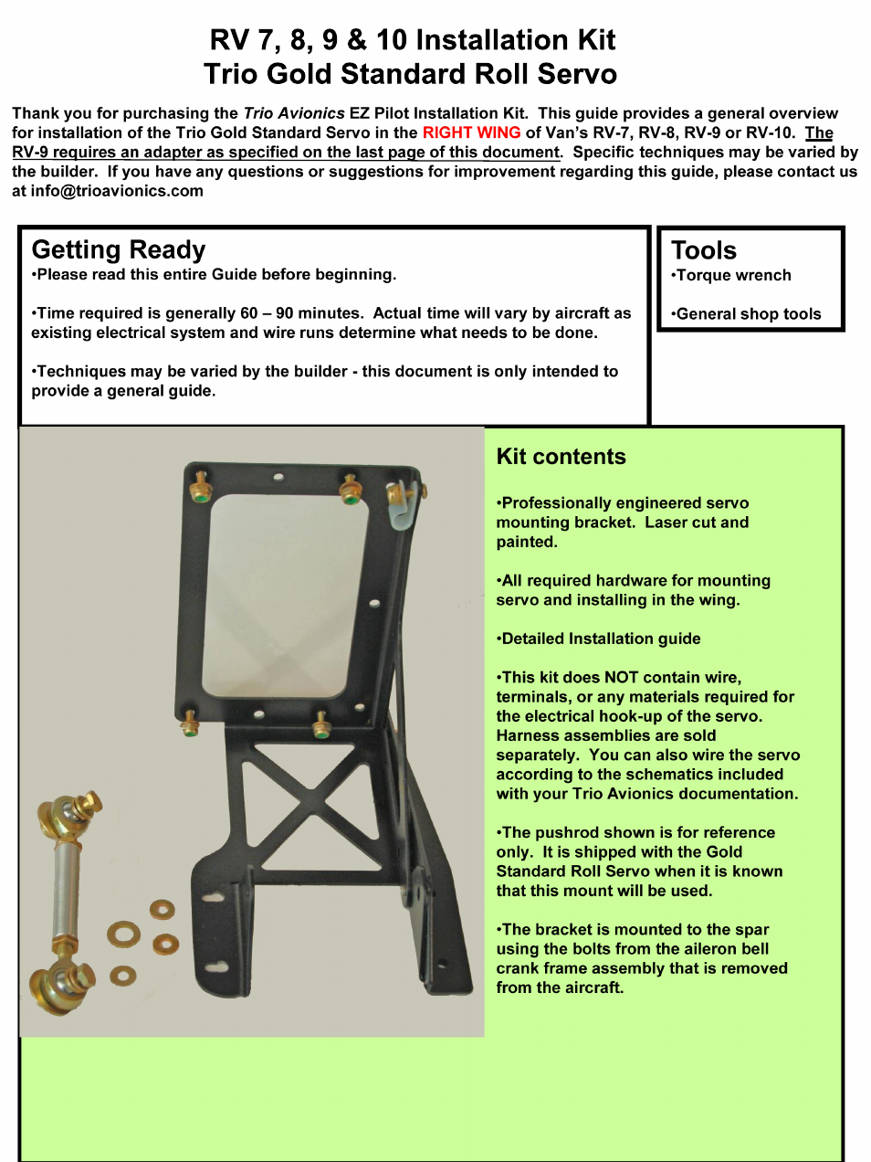 Trio Avionics Wing Servo Mount Installation for RV-7, 8, 9 and 10 User Manual | 7 pages