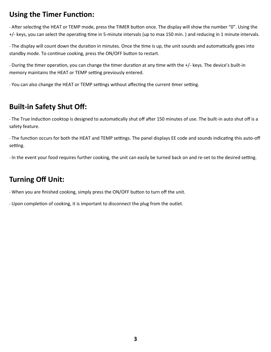 Using the timer function, Built-in safety shut off, Turning off unit | True Induction P3D User Manual | Page 5 / 7