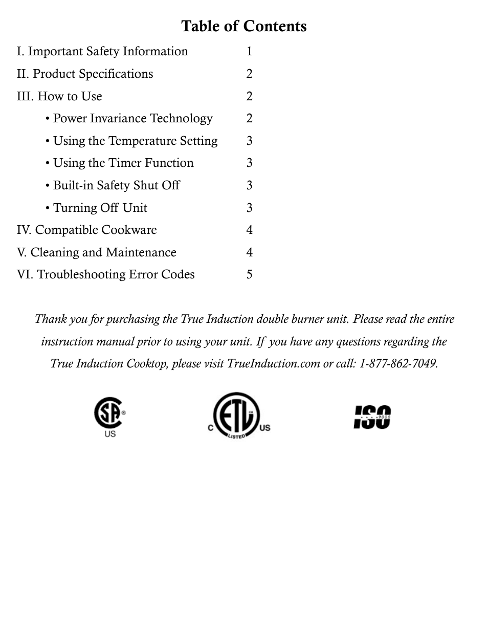 True Induction S2F2 User Manual | Page 2 / 7