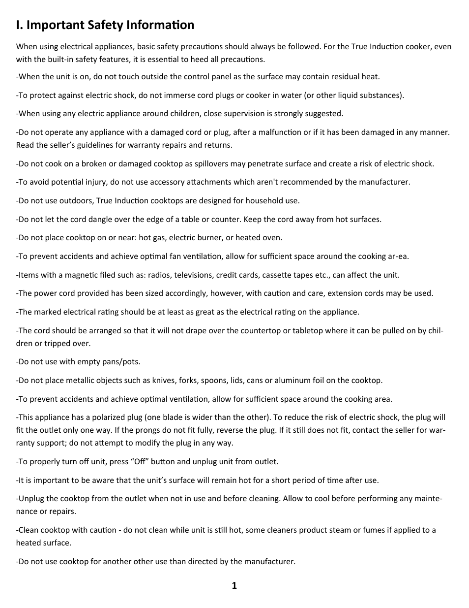 I. important safety information | True Induction S2F2 User Manual | Page 3 / 7