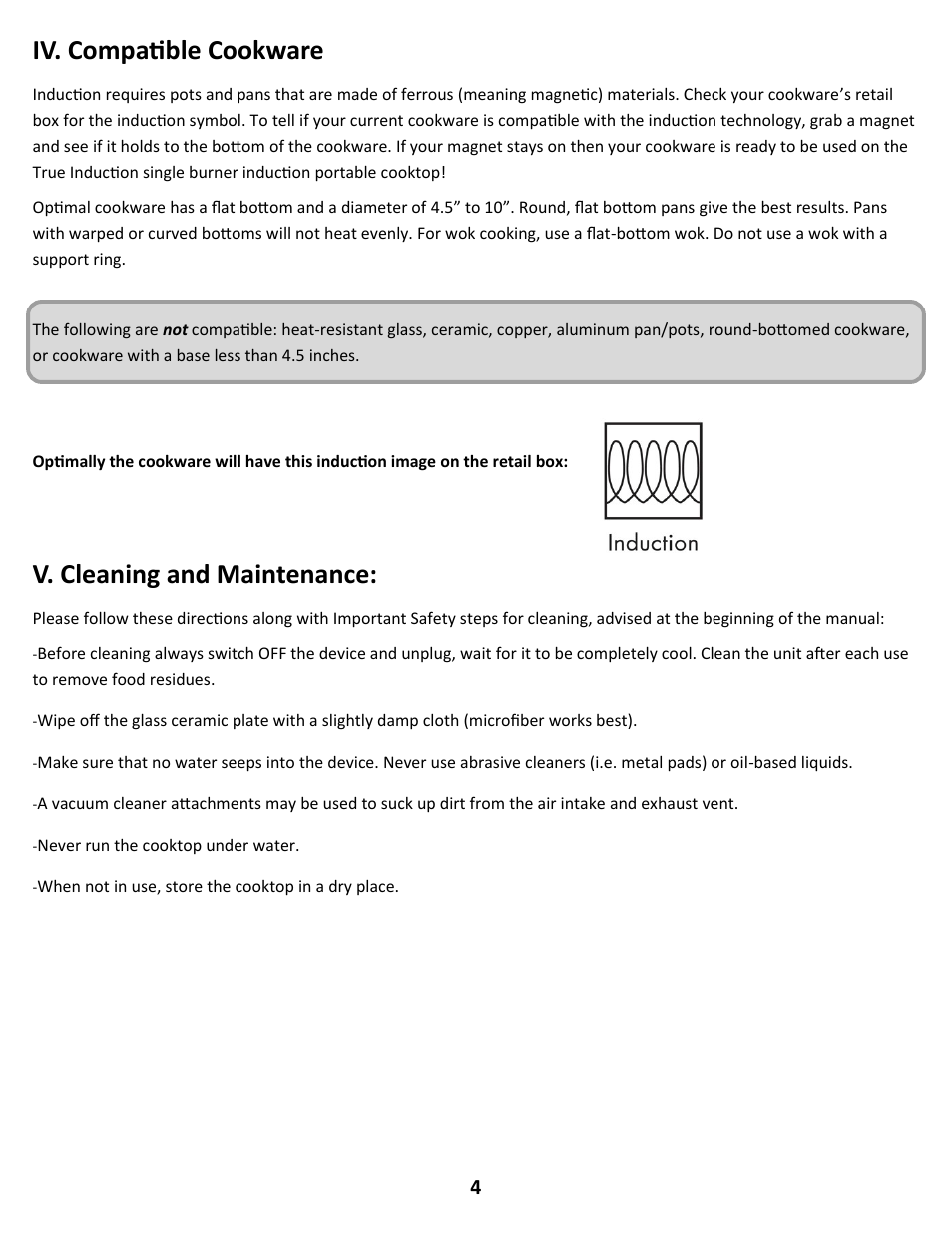 Iv. compatible cookware, V. cleaning and maintenance | True Induction S2F2 User Manual | Page 6 / 7