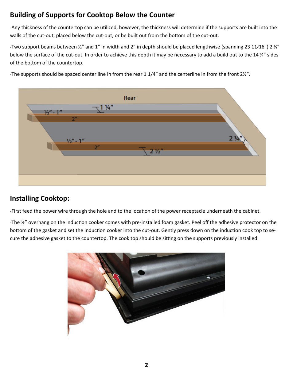 Building of supports for cooktop below the counter, Installing cooktop | True Induction S2F3 User Manual | Page 4 / 10