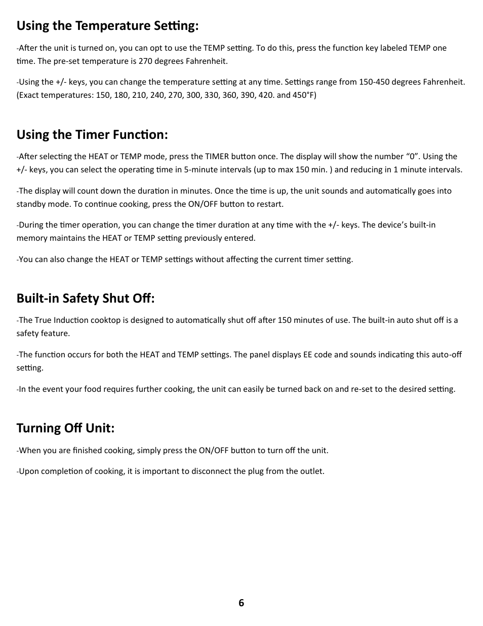 Using the temperature setting, Using the timer function, Built-in safety shut off | Turning off unit | True Induction S2F3 User Manual | Page 8 / 10