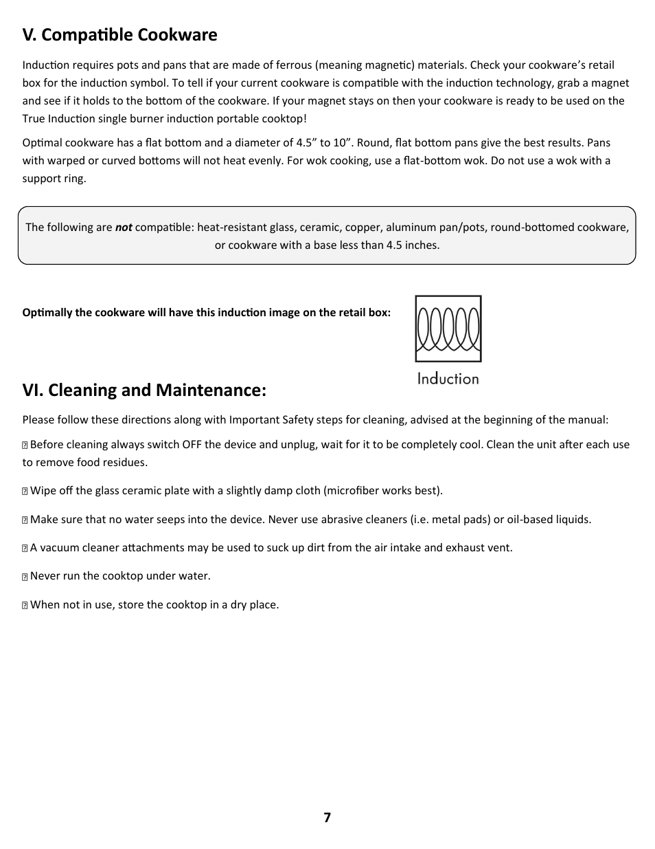 V. compatible cookware, Vi. cleaning and maintenance | True Induction S2F3 User Manual | Page 9 / 10