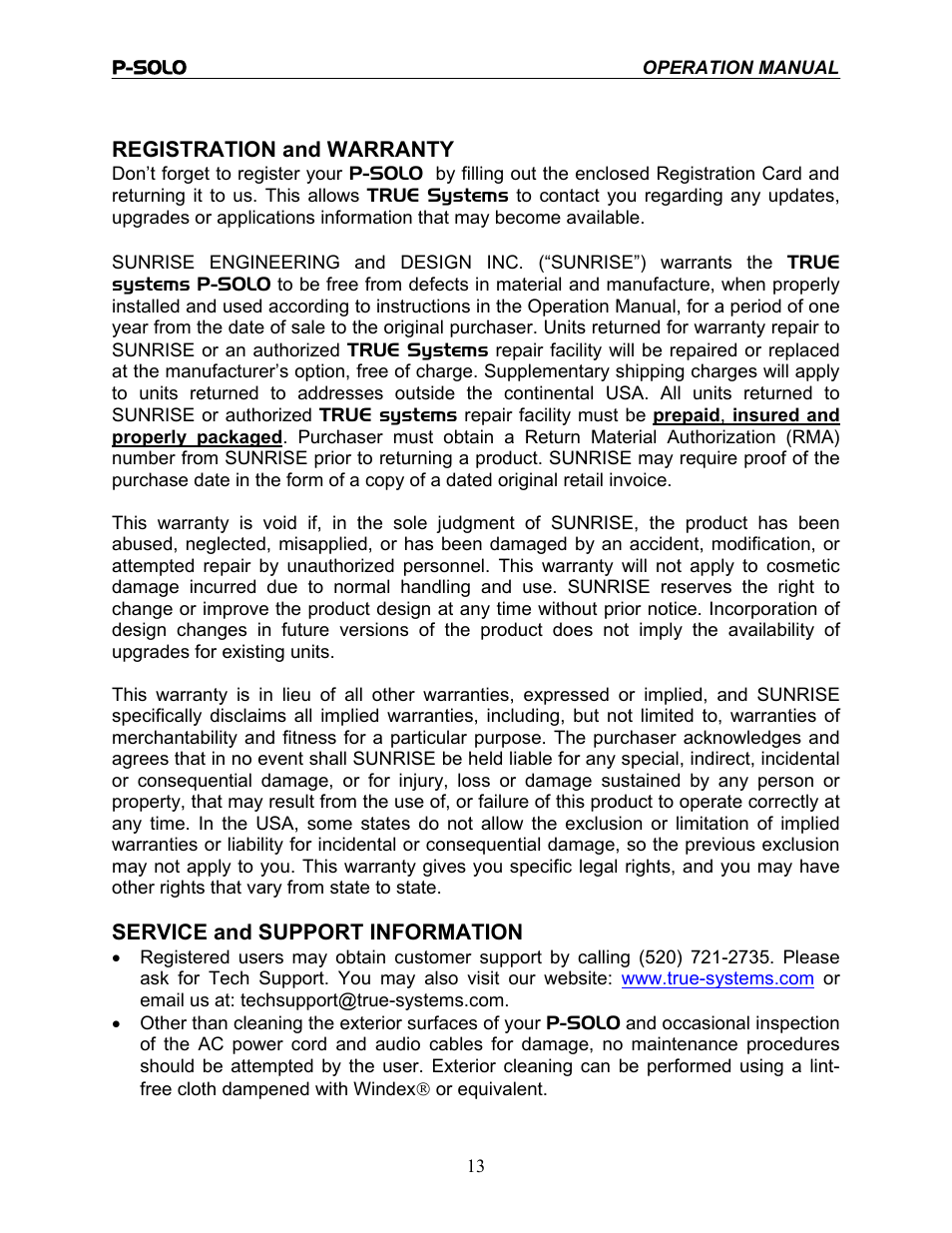 TRUE Systems P-SOLO User Manual | Page 13 / 14