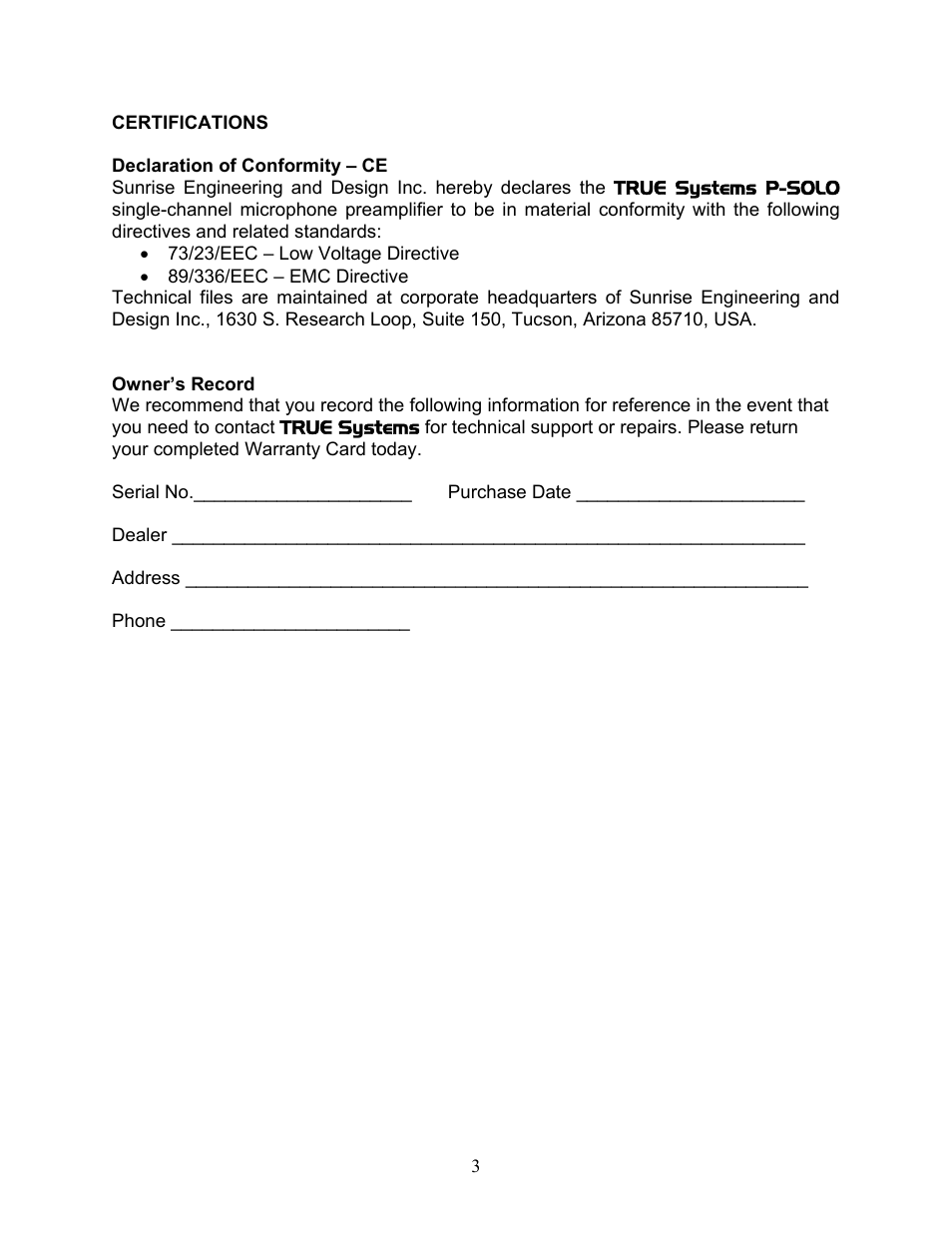 TRUE Systems P-SOLO User Manual | Page 3 / 14