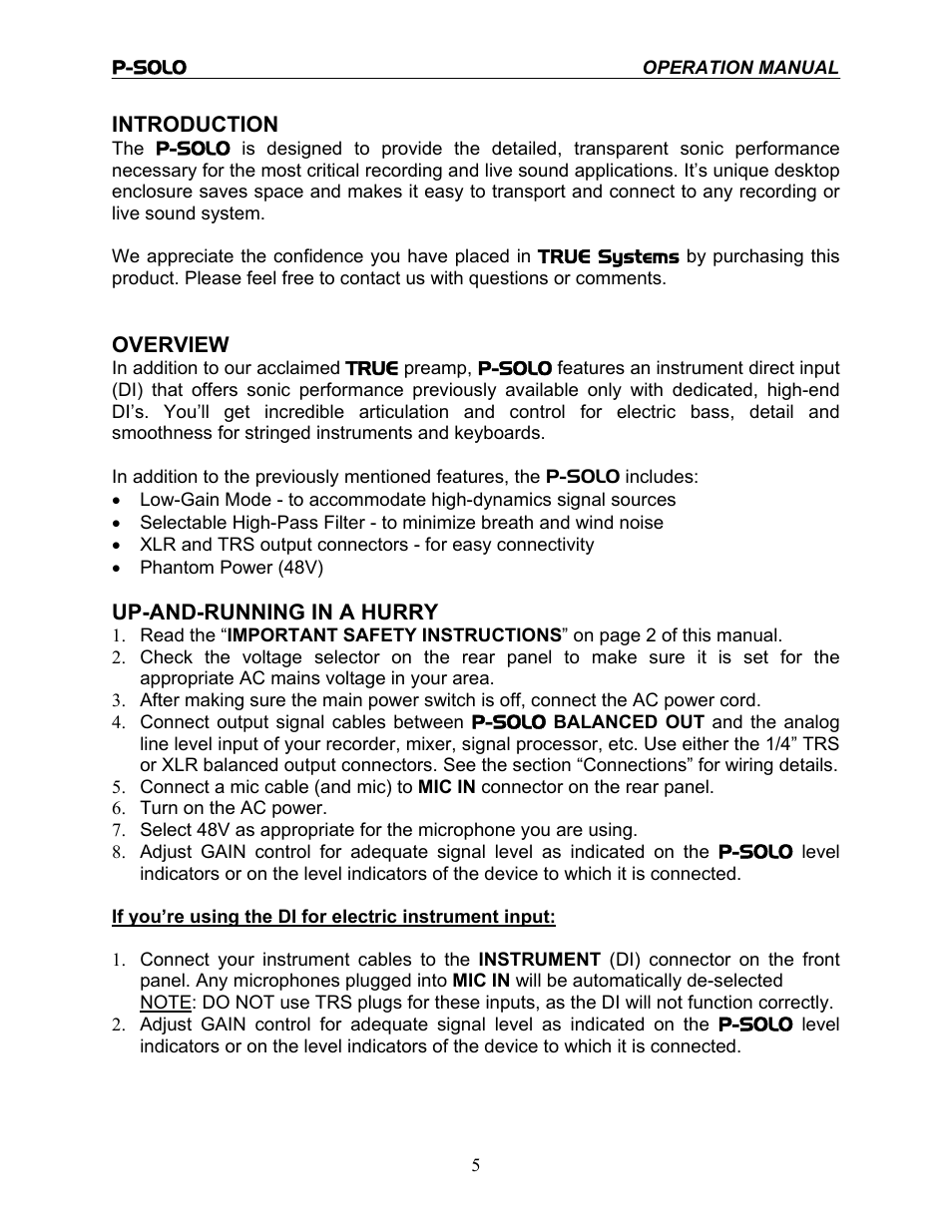 TRUE Systems P-SOLO User Manual | Page 5 / 14