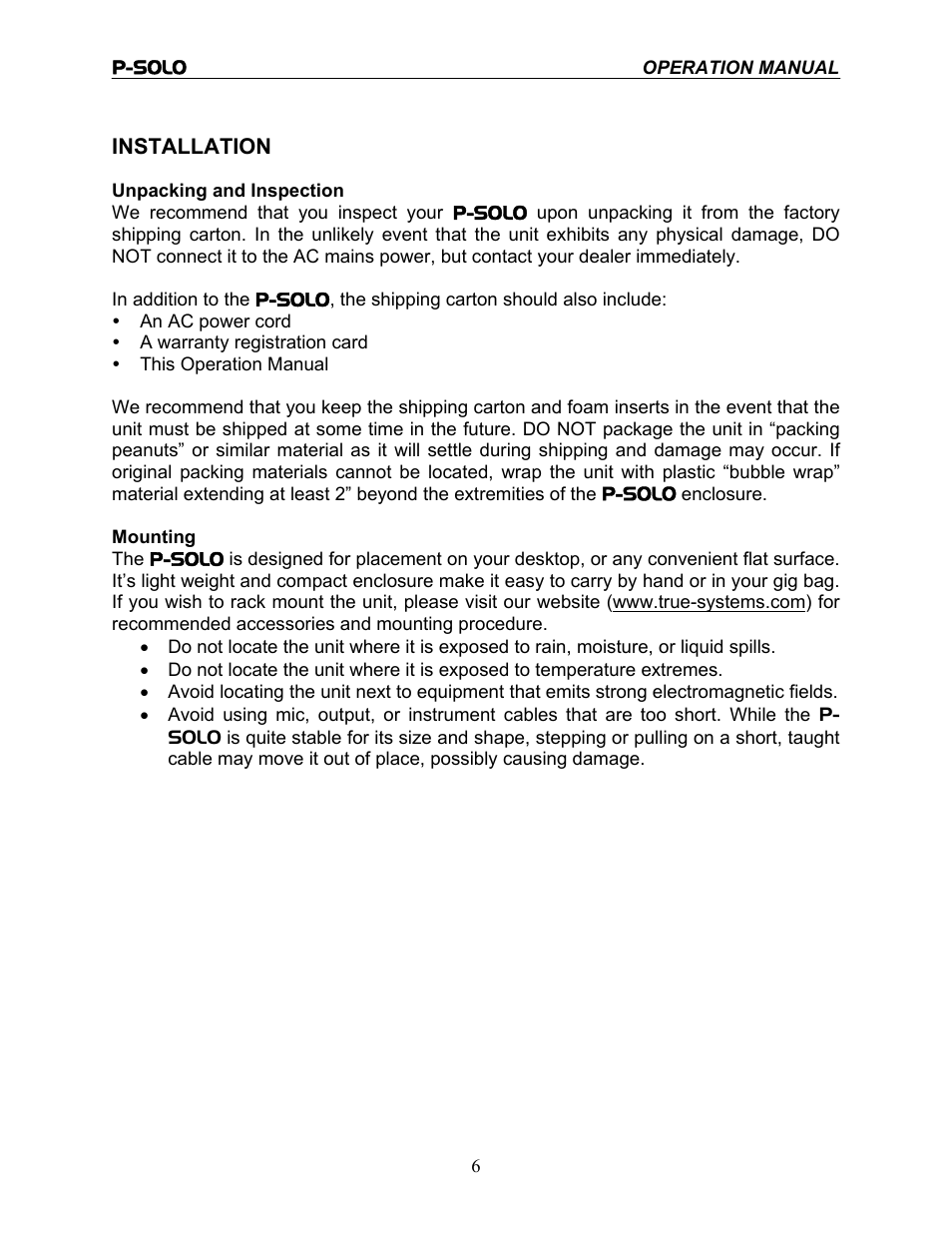 TRUE Systems P-SOLO User Manual | Page 6 / 14