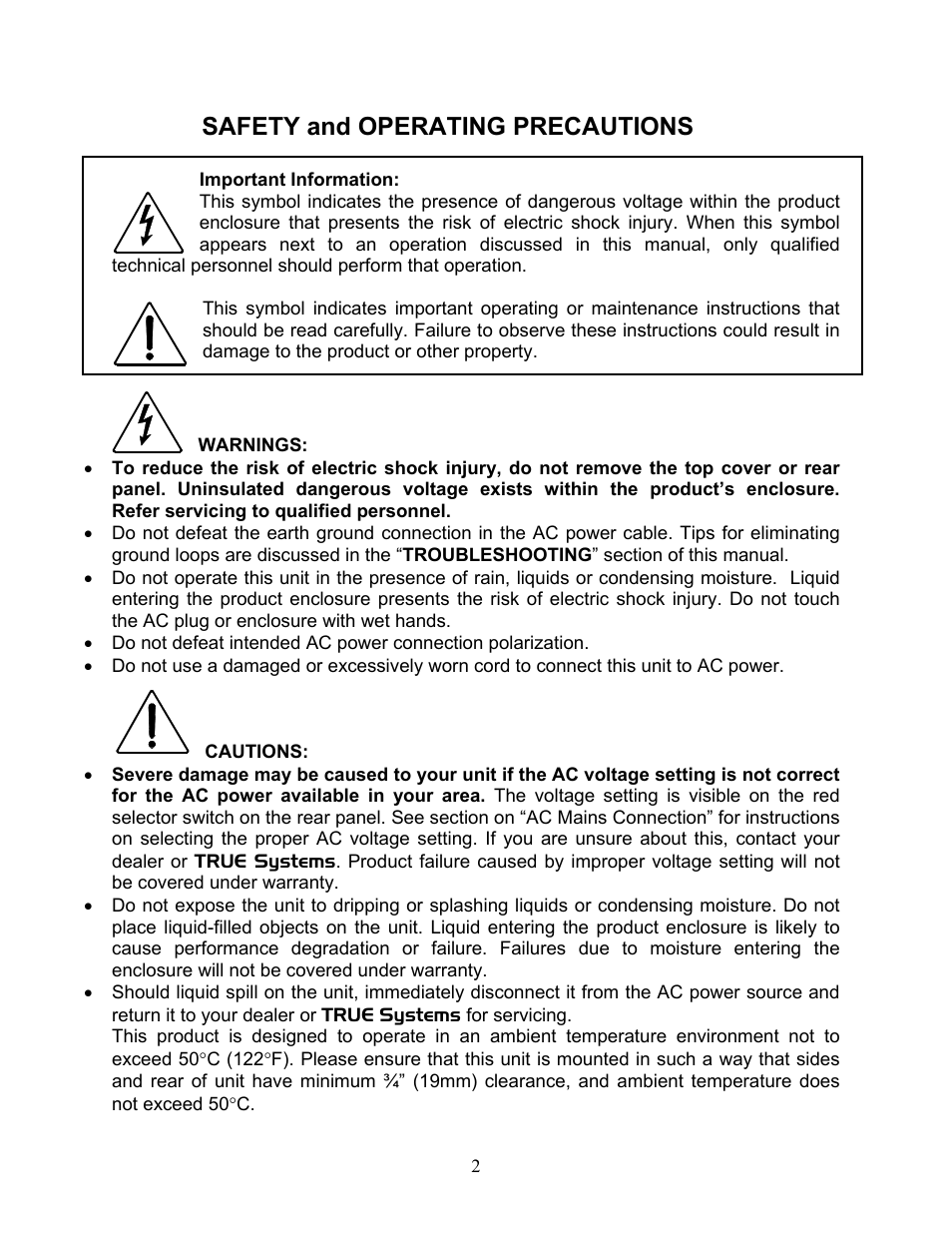 Safety and operating precautions | TRUE Systems P-SOLO RIBBON User Manual | Page 2 / 14