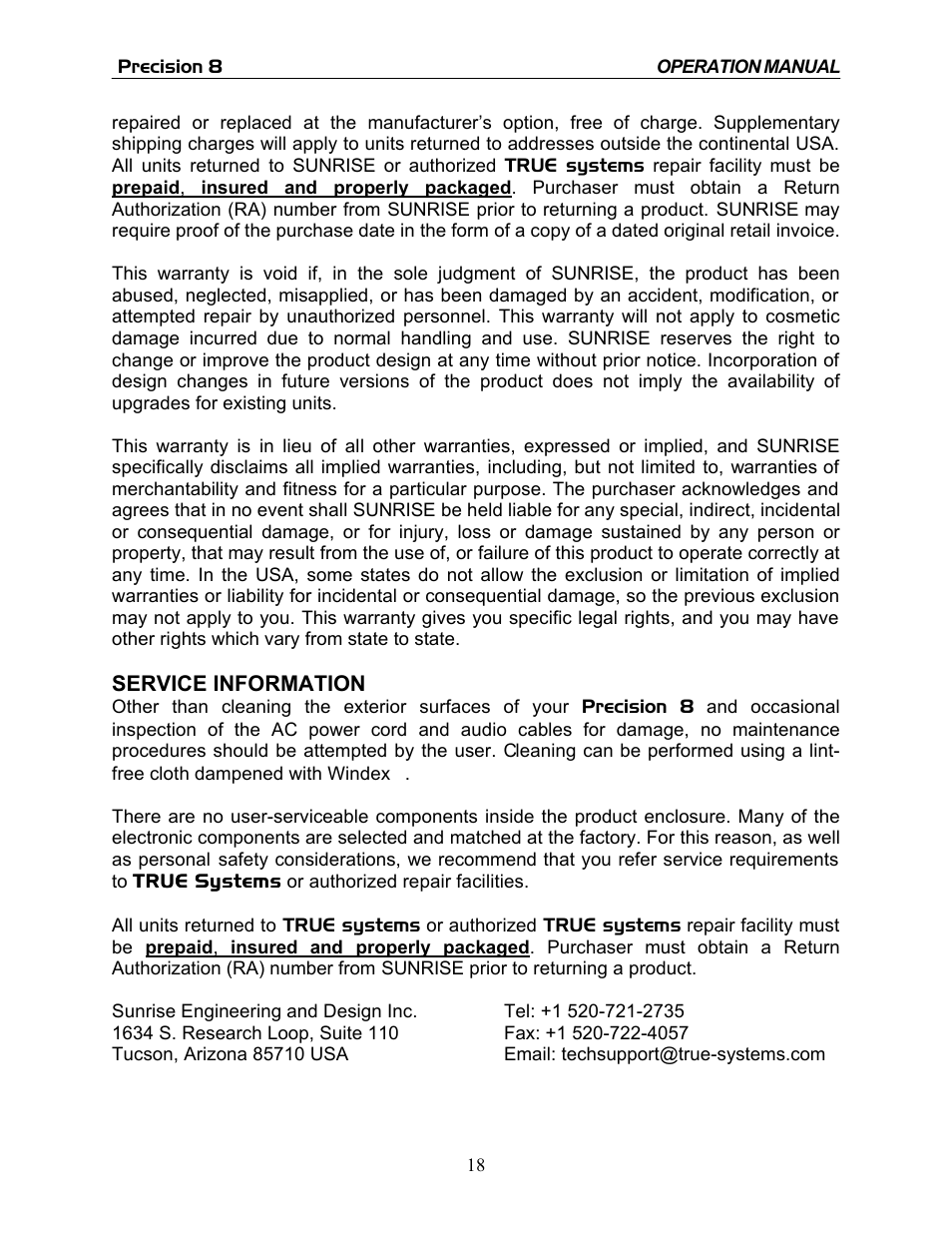 TRUE Systems PRECISION 8 User Manual | Page 18 / 18