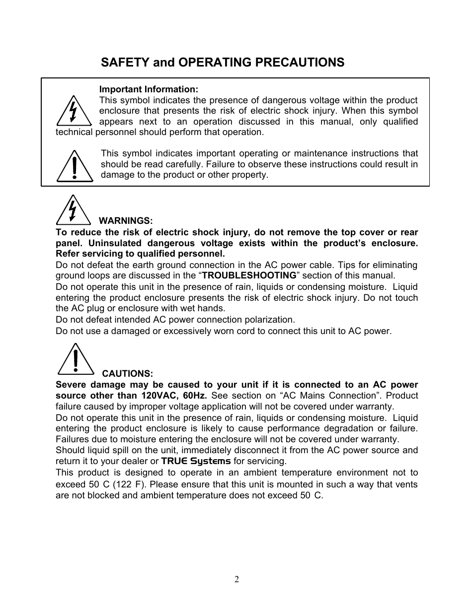 Safety and operating precautions | TRUE Systems PRECISION 8 User Manual | Page 2 / 18