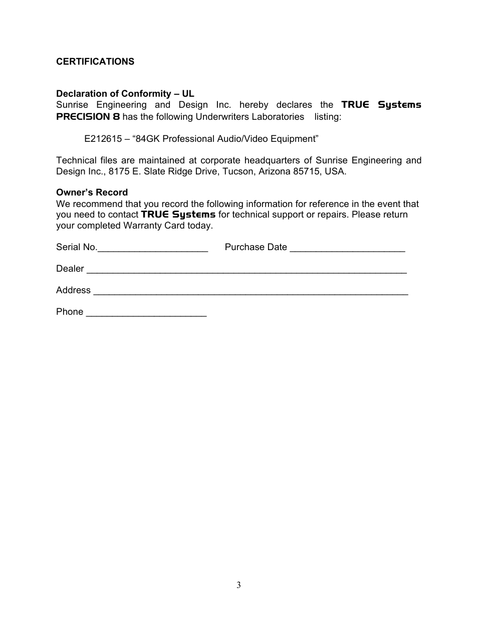 TRUE Systems PRECISION 8 User Manual | Page 3 / 18