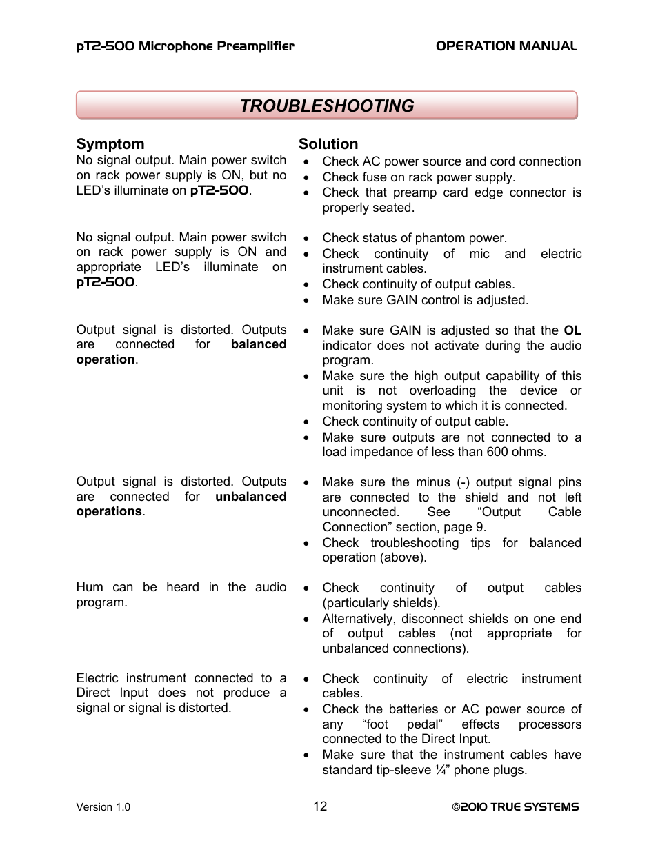 Troubleshooting | TRUE Systems PT2-500 User Manual | Page 12 / 15