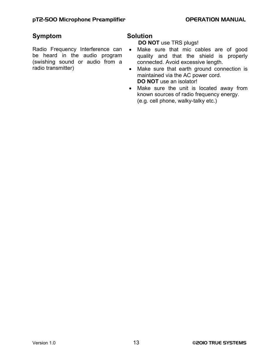 TRUE Systems PT2-500 User Manual | Page 13 / 15
