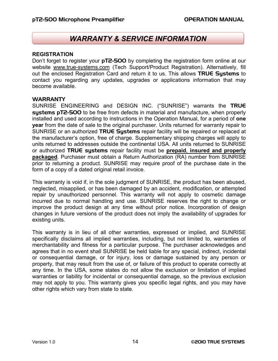 Warranty & service information | TRUE Systems PT2-500 User Manual | Page 14 / 15