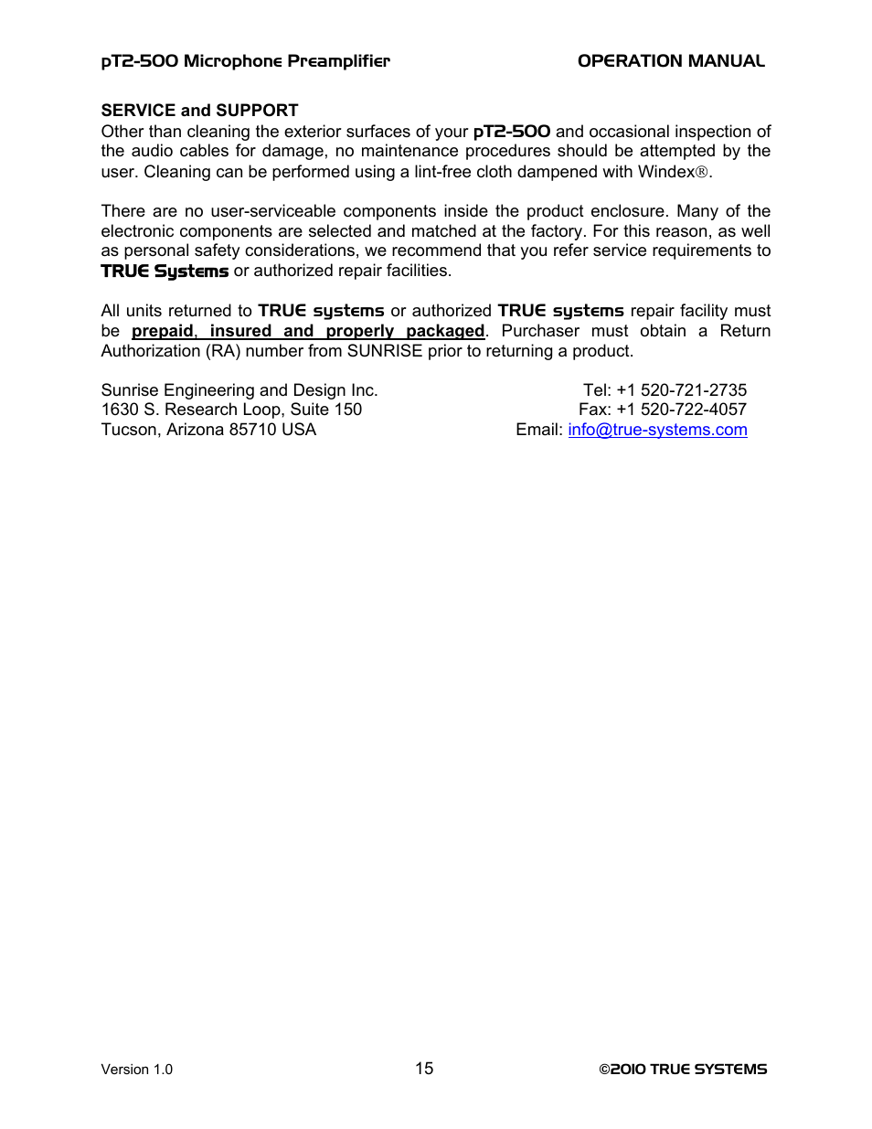 TRUE Systems PT2-500 User Manual | Page 15 / 15