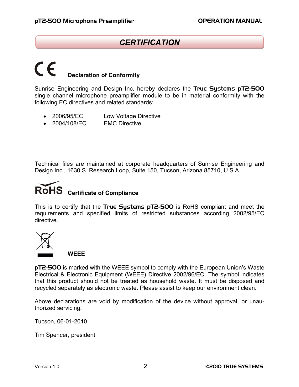 Rohs, Certification | TRUE Systems PT2-500 User Manual | Page 2 / 15