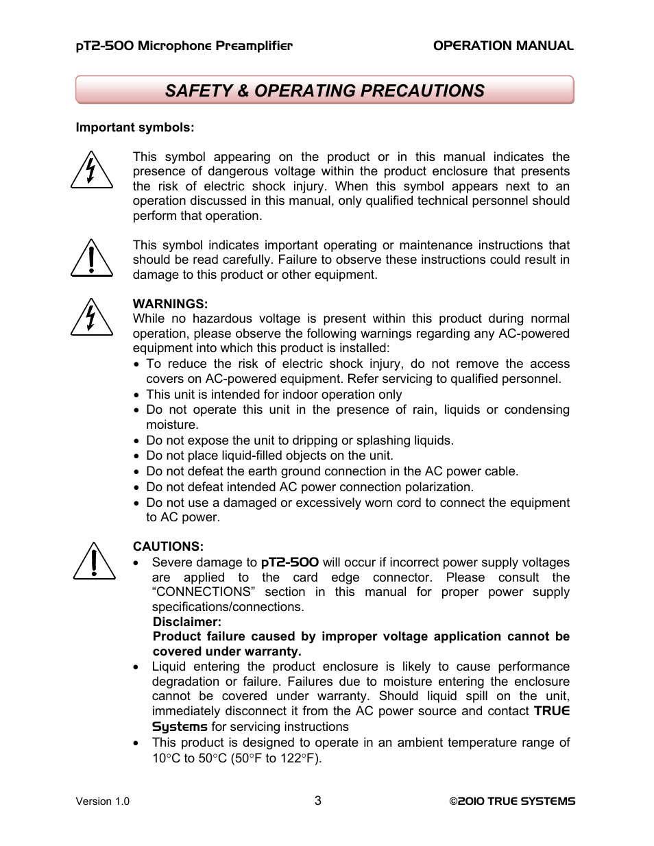 Safety & operating precautions | TRUE Systems PT2-500 User Manual | Page 3 / 15