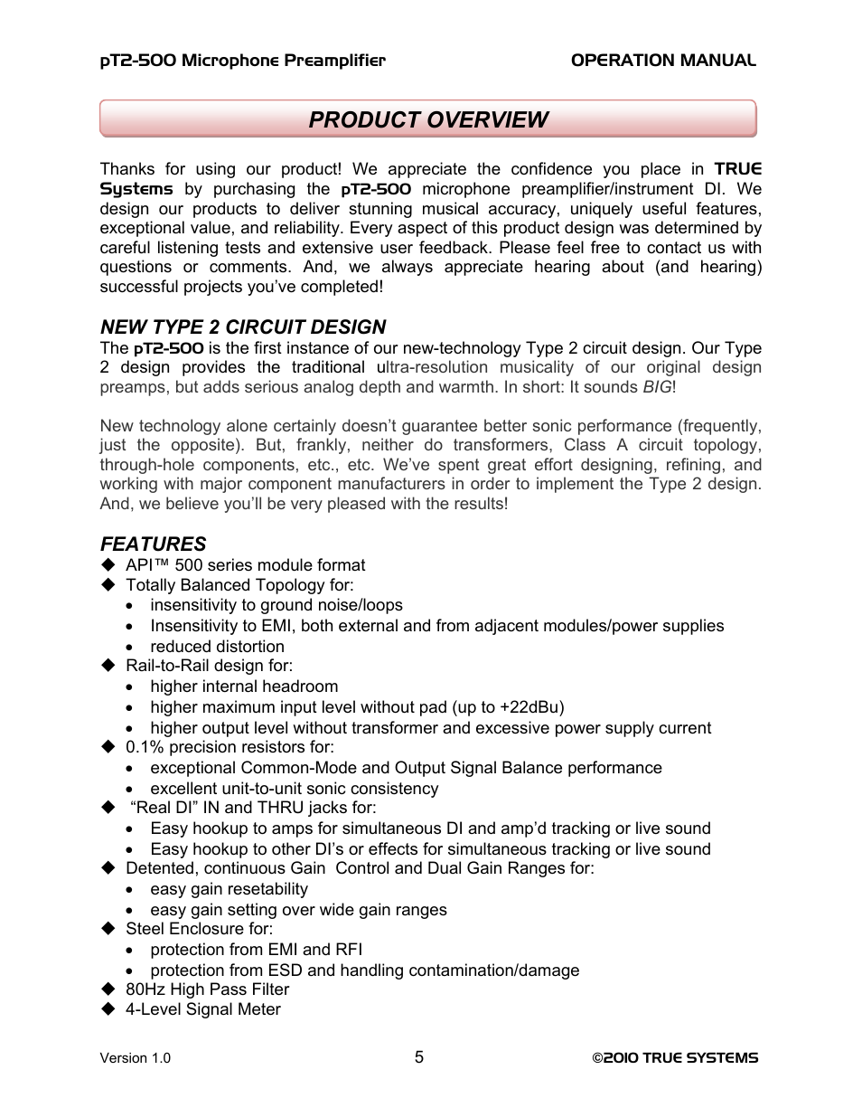 Product overview | TRUE Systems PT2-500 User Manual | Page 5 / 15