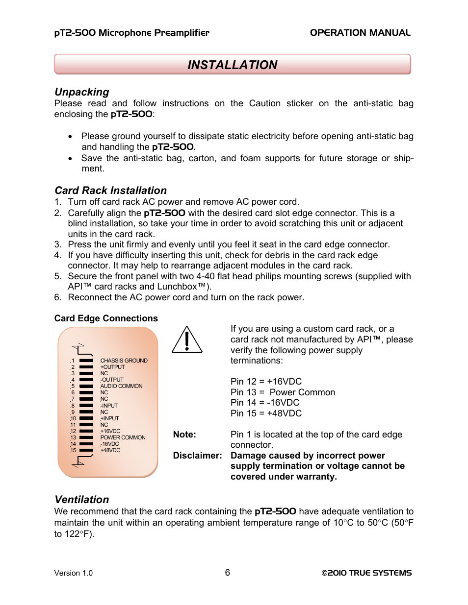 Installation, Unpacking, Card rack installation | Ventilation | TRUE Systems PT2-500 User Manual | Page 6 / 15