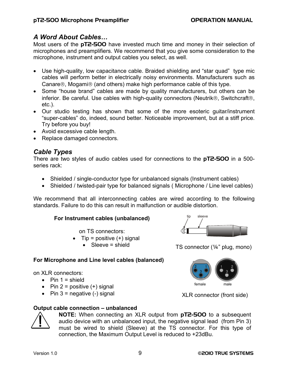 A word about cables, Cable types | TRUE Systems PT2-500 User Manual | Page 9 / 15