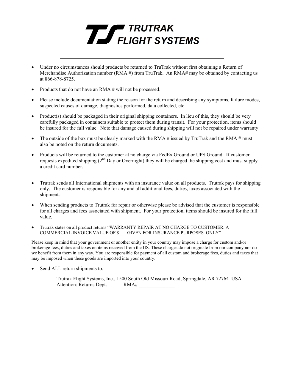 Return merchandise policy and procedure | TruTrak ADI User Manual | Page 15 / 16