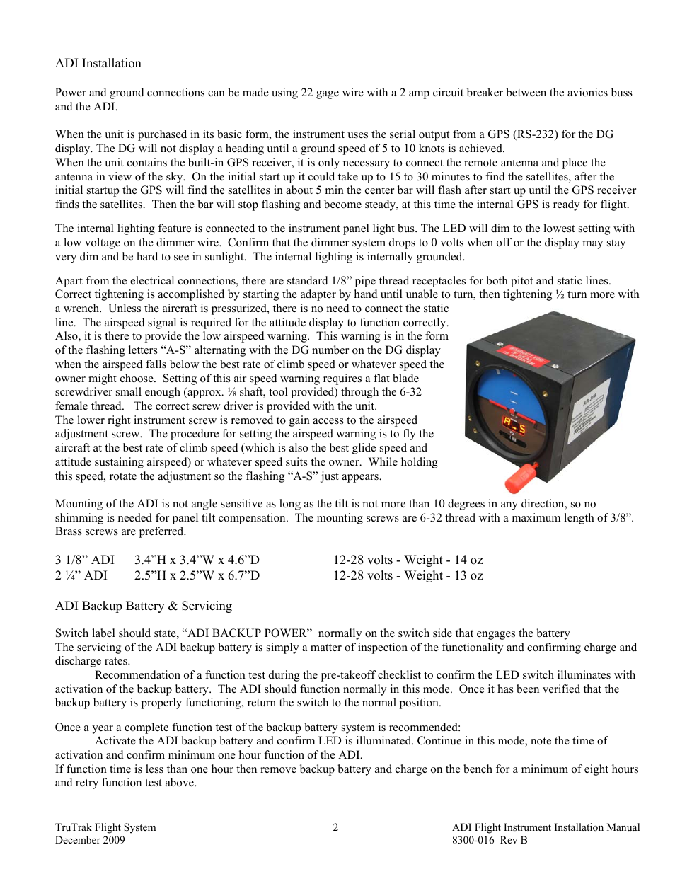 Adi installation, Adi backup battery servicing | TruTrak ADI User Manual | Page 4 / 16