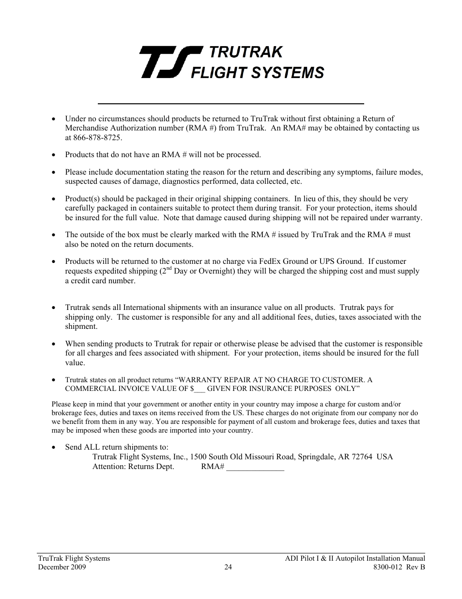 Return merchandise policy and procedure | TruTrak ADI Pilot II User Manual | Page 26 / 28