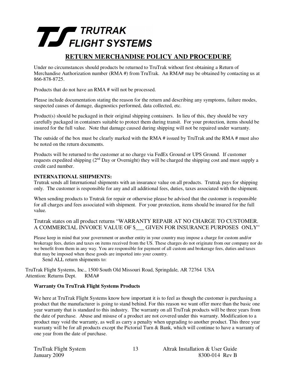 Return merchandise policy and procedure | TruTrak Altrak VS User Manual | Page 15 / 16