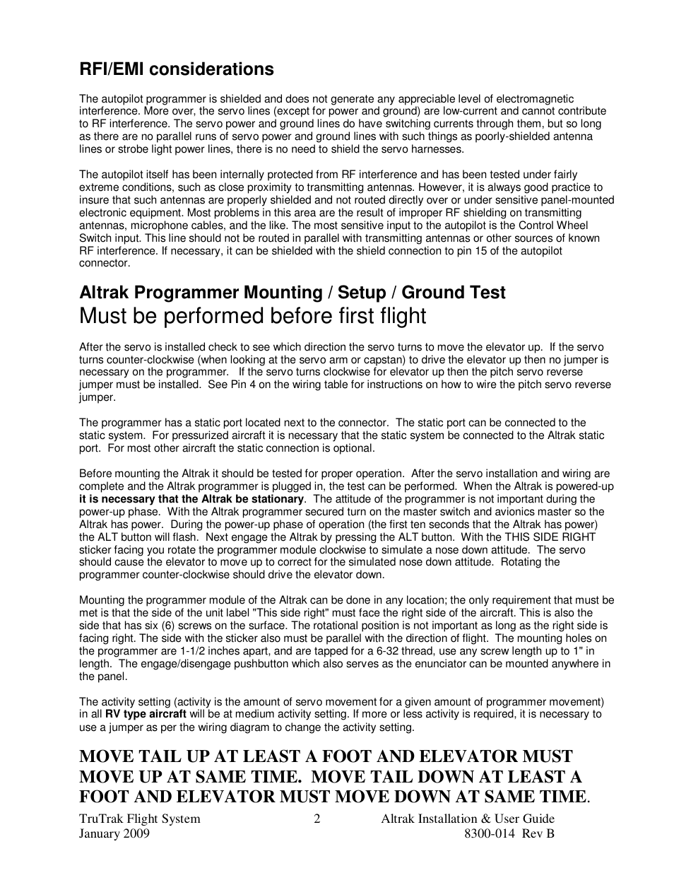 Must be performed before first flight, Rfi/emi considerations, Altrak programmer mounting / setup / ground test | TruTrak Altrak VS User Manual | Page 4 / 16