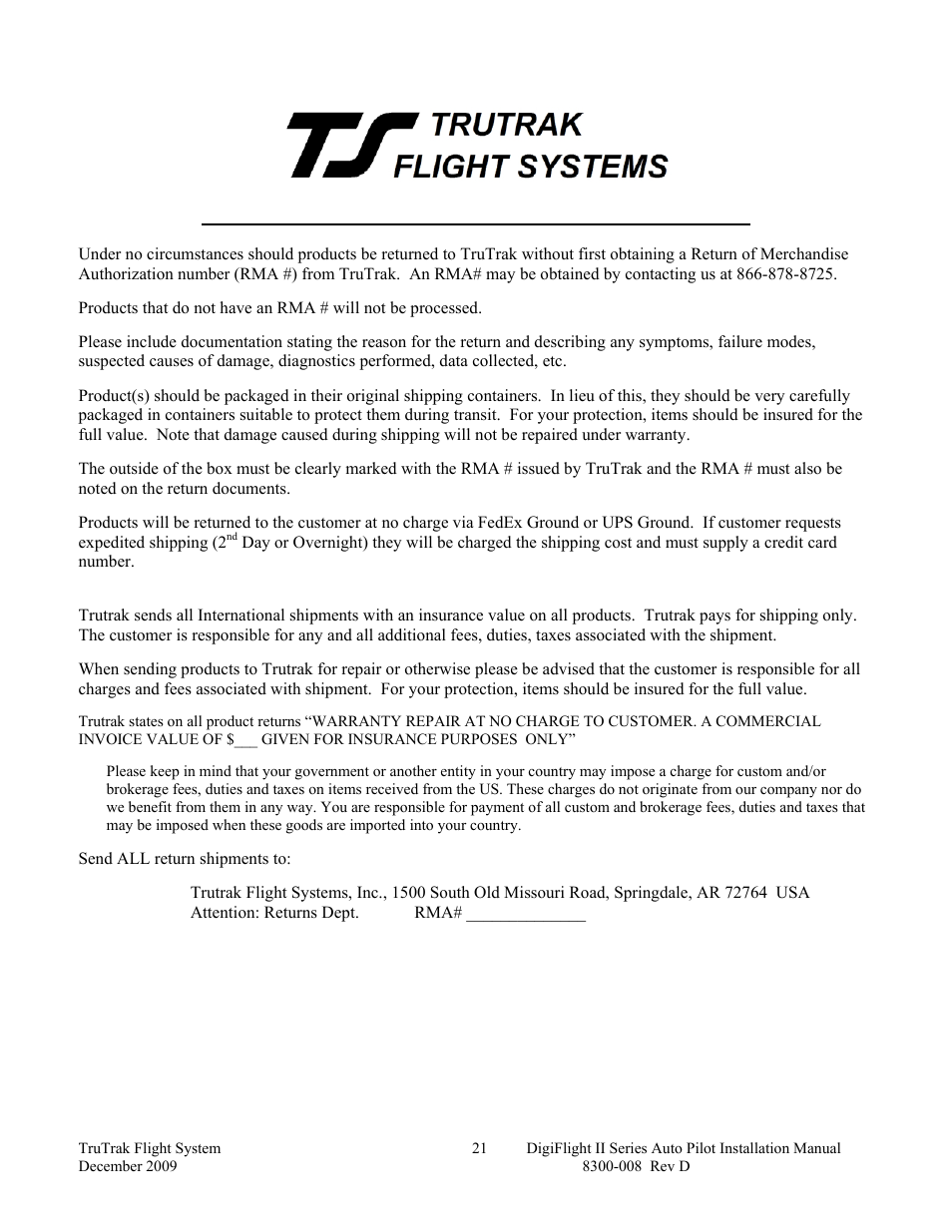 Return merchandise policy and procedure | TruTrak Digiflight II Instal Manual User Manual | Page 23 / 24