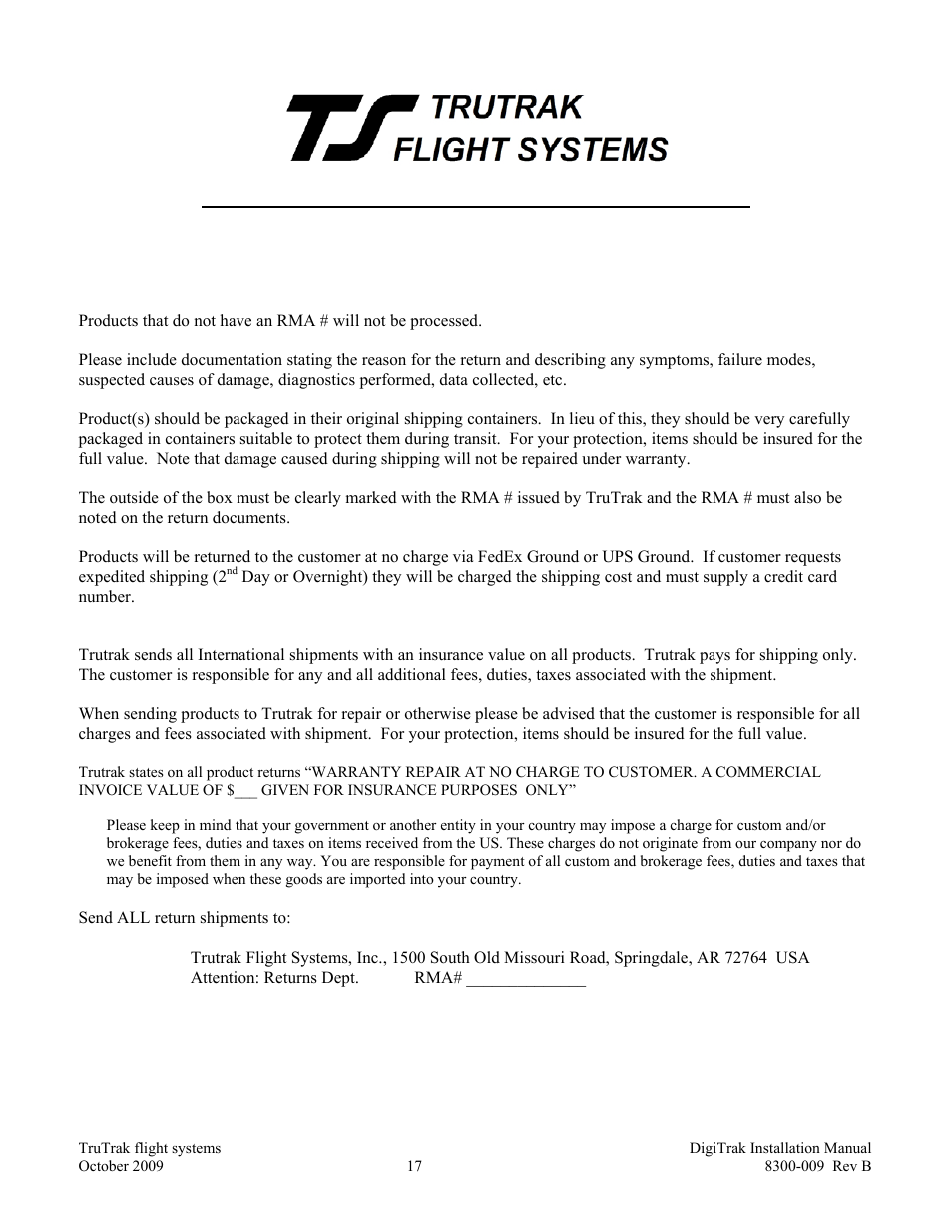 Return merchandise policy and procedure | TruTrak Digitrak Install and User Guide User Manual | Page 19 / 20