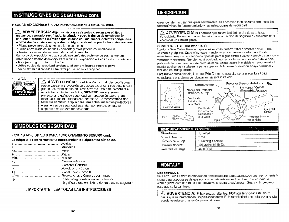 Removing blades from saw (see figs. 12 -16), Warning, Operation cont | Craftsman 286.26829 User Manual | Page 17 / 46