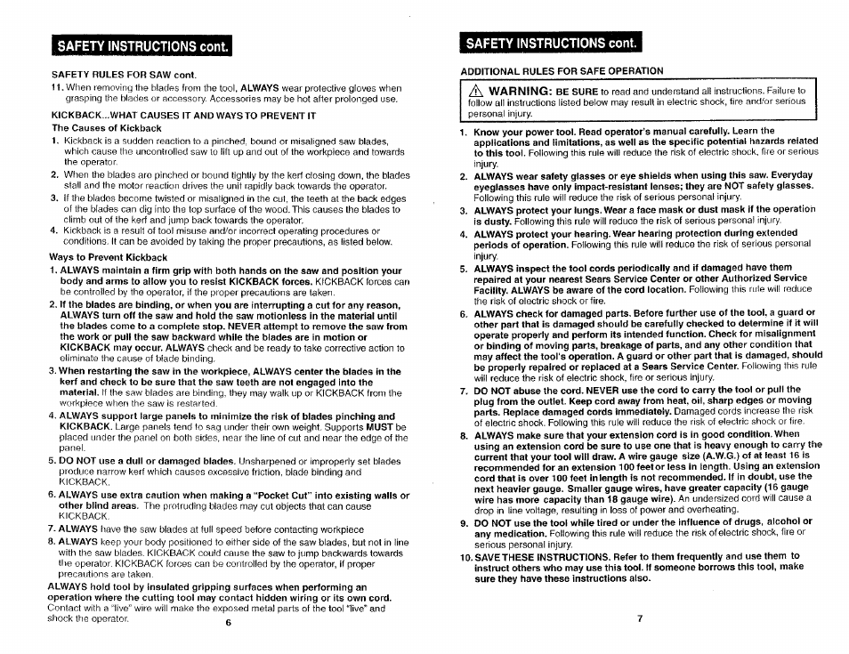 Warning, Safety instructions cont | Craftsman 286.26829 User Manual | Page 4 / 46