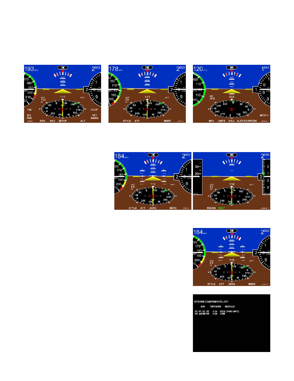 Setup screens, Style, Att & zero | Info | TruTrak EFIS (8300-056) User Manual | Page 9 / 24