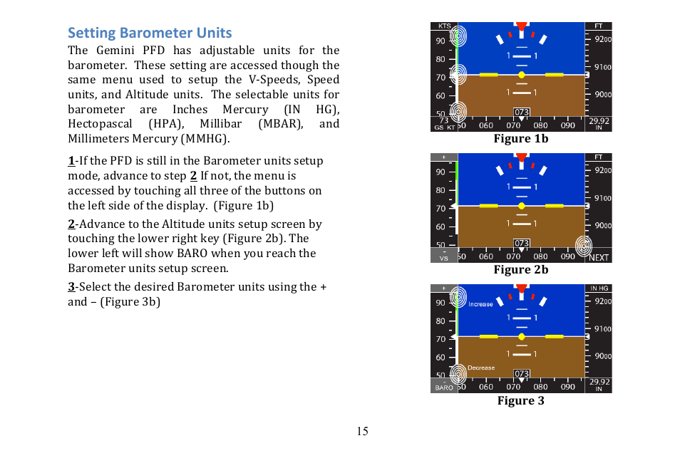 Setting barometer units | TruTrak Gemini PFD User Manual | Page 15 / 26