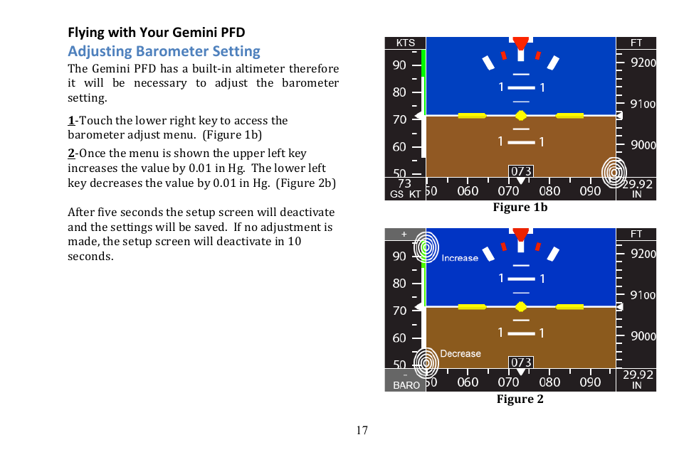 Adjusting barometer setting, Flying with your gemini pfd | TruTrak Gemini PFD User Manual | Page 17 / 26