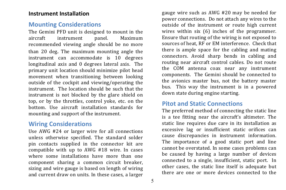 Mounting considerations, Wiring considerations, Pitot and static connections | TruTrak Gemini PFD User Manual | Page 5 / 26