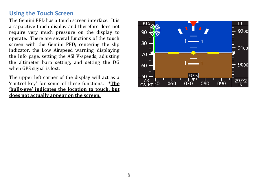 Using the touch screen | TruTrak Gemini PFD User Manual | Page 8 / 26