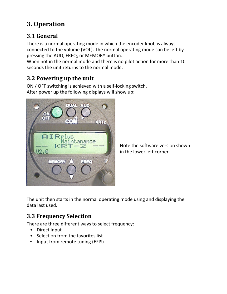 Operation | TruTrak KRT2 Comm Radio IR User Manual | Page 12 / 36