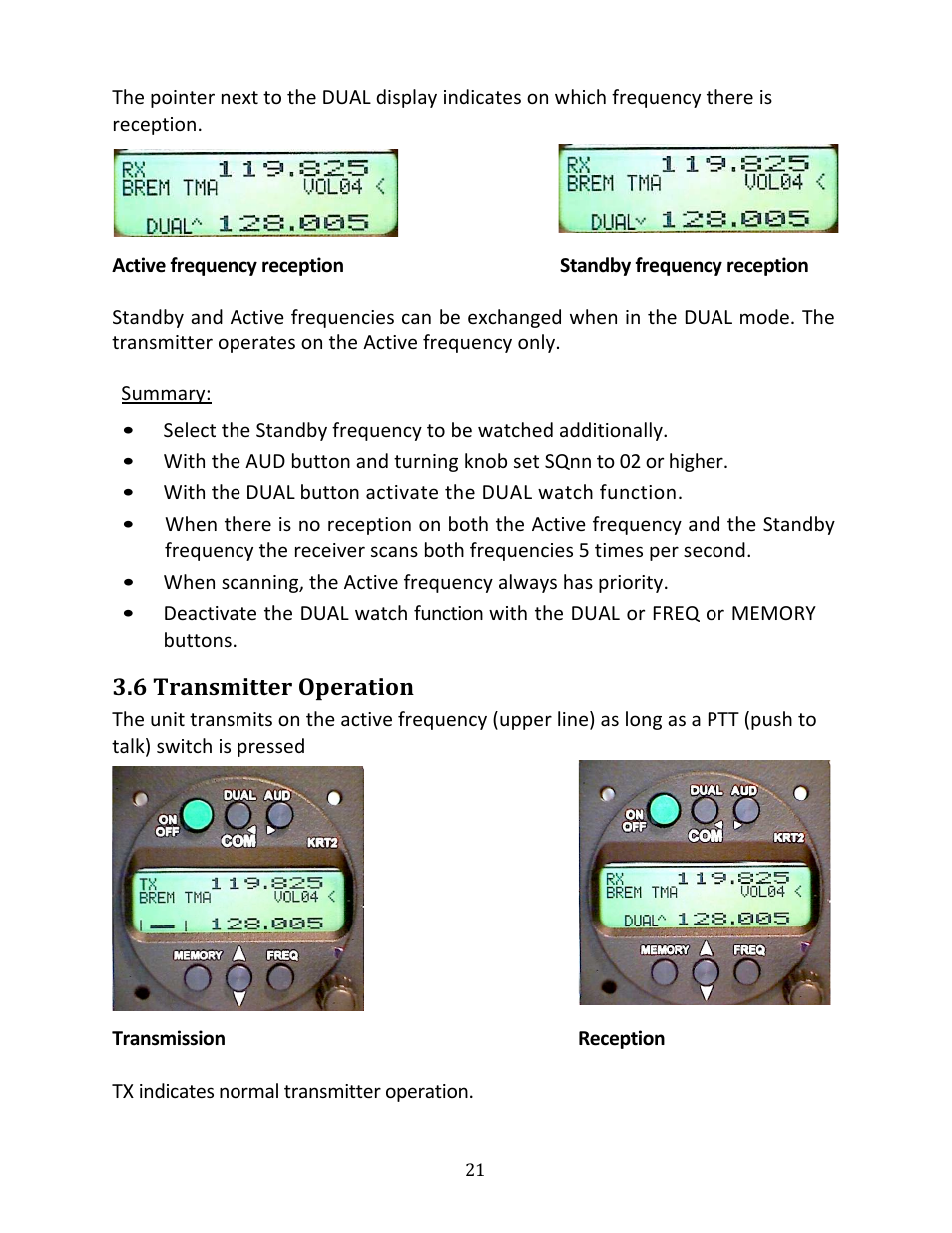 6 transmitter operation | TruTrak KRT2 Comm Radio IR User Manual | Page 21 / 36