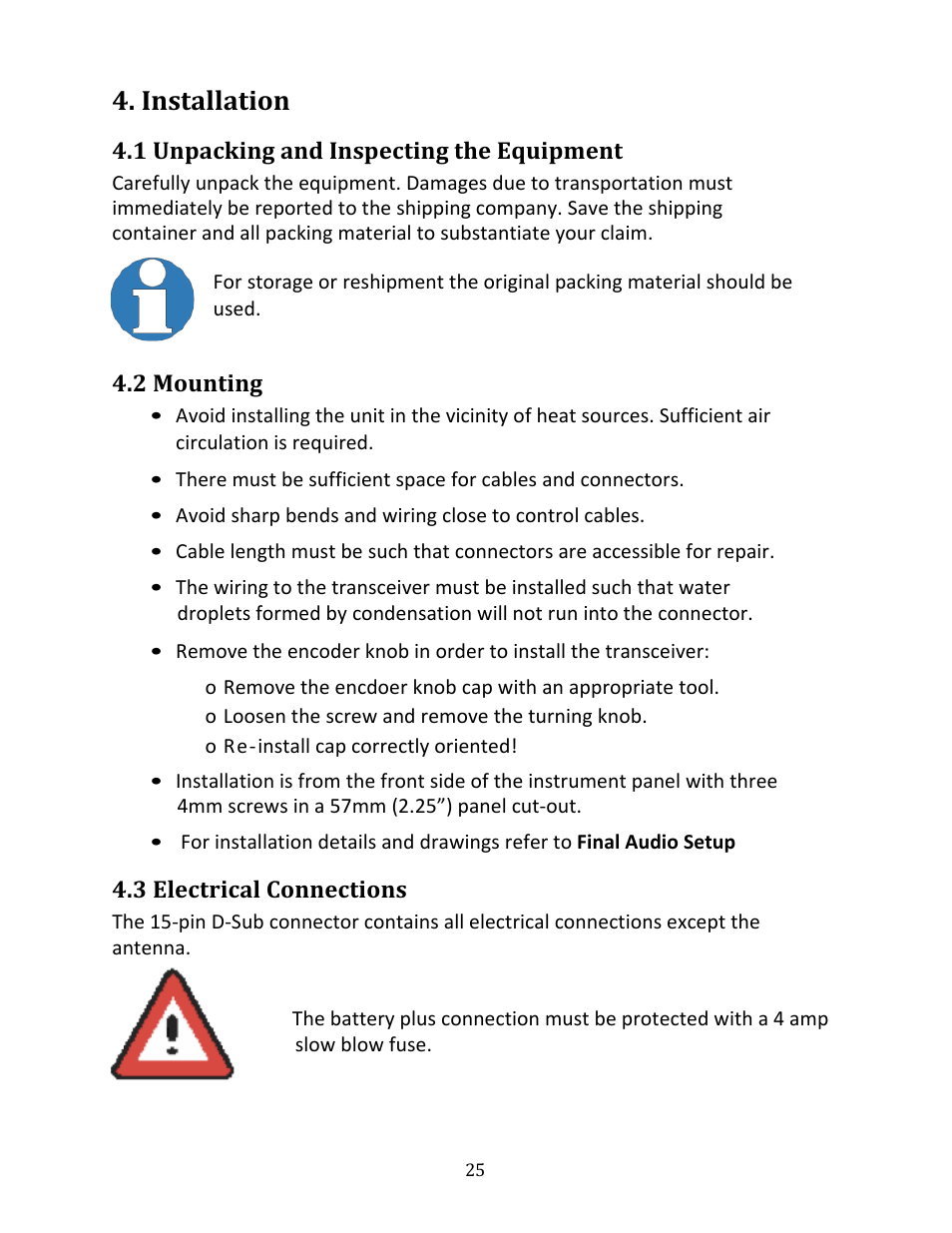 Installation, 1 unpacking and inspecting the equipment, 2 mounting | 3 electrical connections | TruTrak KRT2 Comm Radio IR User Manual | Page 25 / 36